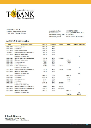 Download Bhutan T Bank statement word